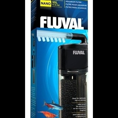 Filtro para aquário Fluval Nano 55L em embalagem azul e preta com imagem do produto e camarões vermelhos