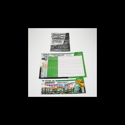 Folhetos promocionais de produtos PRO AQUATEST e COMBISET com tabelas e imagens