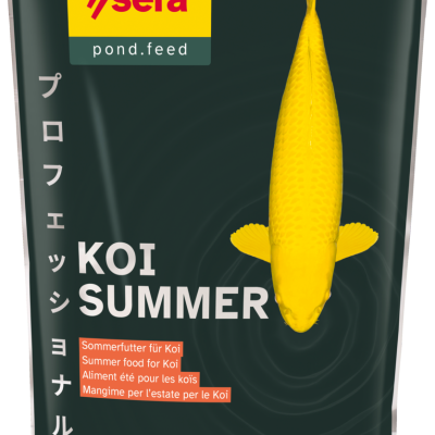 Embalagem preta de alimento para peixes Koi Summer com peixe amarelo e texto multilingue