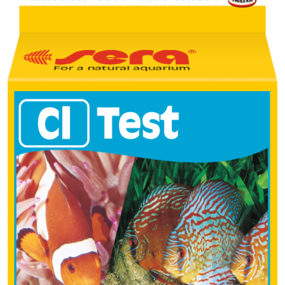 Embalagem do teste de cloro Sera Cl Test com imagens de peixes