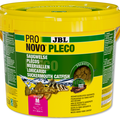 Recipiente amarelo com alimento JBL Pro Novo Pleco para peixes boca de chupeta.