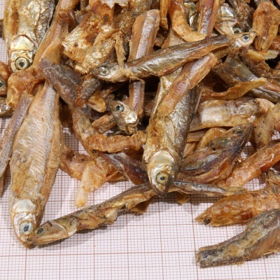 Peixes pequenos secos sobre superfície quadriculada branca e vermelha
