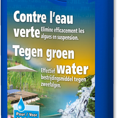 Frasco azul AlgoPond Green JBL contra água verde para lagos pequenos com imagens de lago e nenúfar