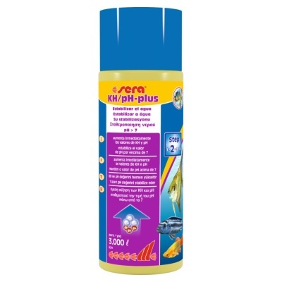 Frasco do produto sera KH/pH-plus para estabilizar a água em aquários com imagens de peixes