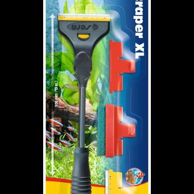 Raspador XL Sera para limpeza de vidros com cabo preto e lâmina amarela em embalagem colorida