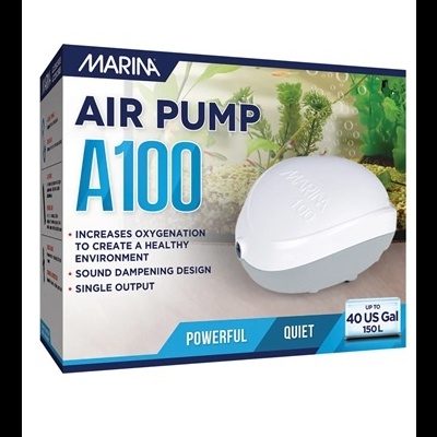 Caixa branca e azul de bomba de ar para aquários Marina Air Pump A100