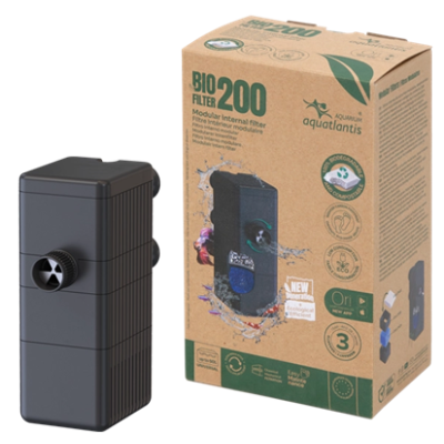 Filtro interno modular preto BIO FILTER 200 com caixa de embalagem de papel reciclado