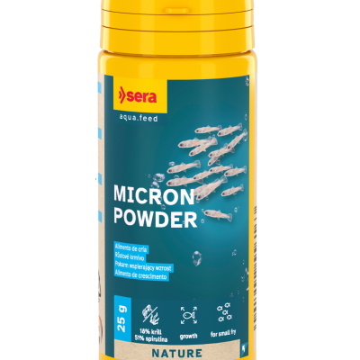 Frasco amarelo de alimento para peixes Micron Powder da marca sera