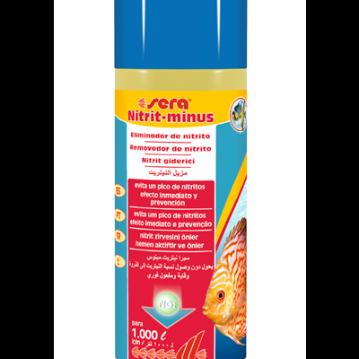 Frasco de Sera Nitrit-minus, eliminador de nitrito, tampa azul, texto em várias línguas, peixe discus