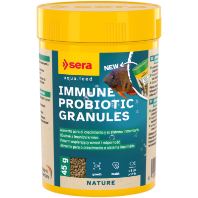 Frasco amarelo com granulados Imune Probiotic Granules para peixes