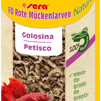 Frasco amarelo com petiscos para peixes, texto em alemão e português