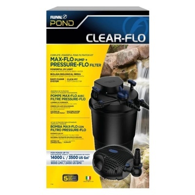 Embalagem de kit de filtração Fluval POND CLEAR-FLO com bomba e filtro em preto