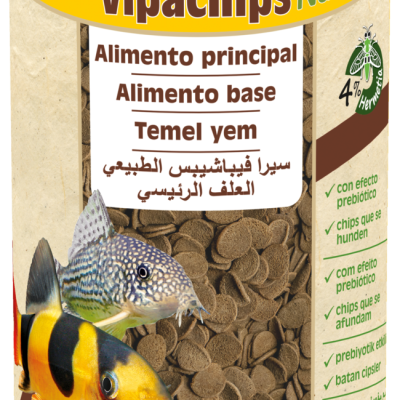 Embalagem amarela de Vipachips Nature com tampa castanha e imagens de peixes