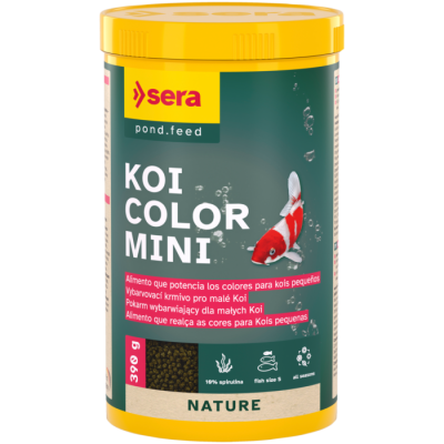 Frasco amarelo de alimento para peixes Sera Koi Color Mini com peixe koi vermelho e branco