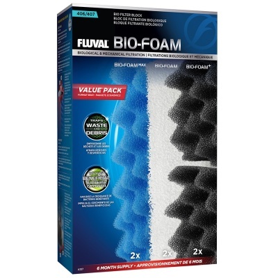 Embalagem azul do filtro Fluval BIO-FOAM com imagens de esponjas filtrantes azuis e pretas