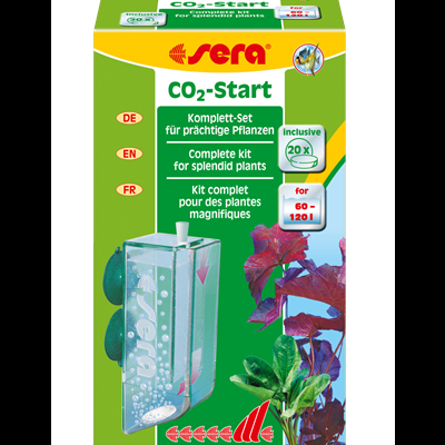 Embalagem de kit Sera CO2-Start para plantas aquáticas, com dispensador e plantas em fundo verde.