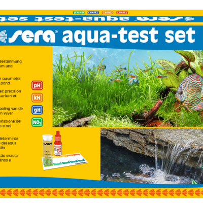 Conjunto de teste de água sera aqua-test set com tubos e frascos em caixa amarela e azul