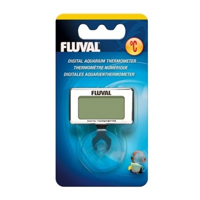 Termómetro digital Fluval para aquário numa embalagem azul com visor e ventosa.