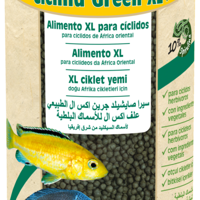 Embalagem de alimento para peixes ciclídeos com pellets e imagens de peixes