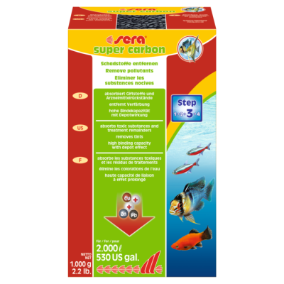 Embalagem Sera Super Carbon para aquários com texto multilingue e imagens de peixes