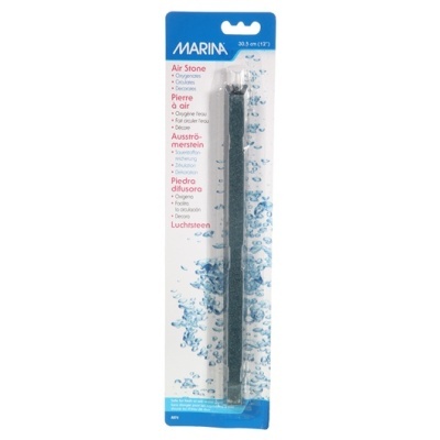 Pedra difusora preta para aquário na embalagem com padrão de bolhas e texto MARINA