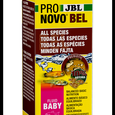 Embalagem amarela e vermelha do alimento para peixes JBL ProNovo Bel Fluid Baby