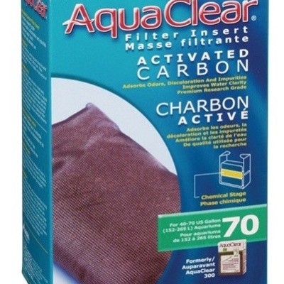 Caixa azul do filtro Aquaclear com carvão ativado e saco de filtração castanho