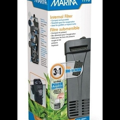 Caixa de filtro interno para aquário MarinA i110 em cinzento com texto e ilustrações no fundo