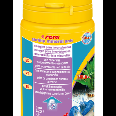 Recipiente amarelo Rera shrimp mineral salt para camarões com rótulo colorido e imagens de crustáceos