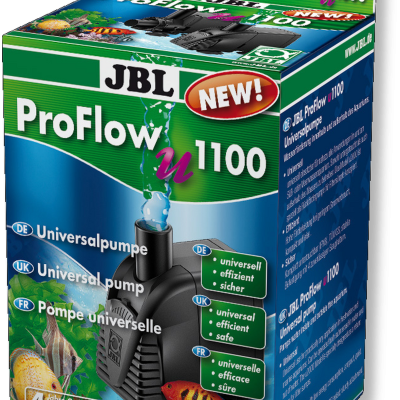 Embalagem para bomba universal JBL ProFlow u1100 com imagem do produto e texto multilingue