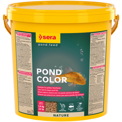 Pote amarelo de alimento para peixes Sera Pond Color com imagem de peixe e texto informativo