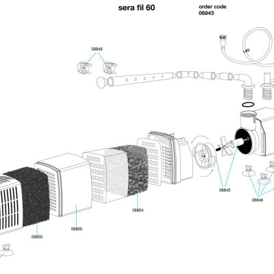 Esquema técnico do filtro ou bomba de água Sera Fil 60 com peças desmontadas e numeradas.