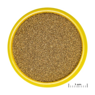 Recipiente amarelo redondo com pó castanho e escala de 1 cm