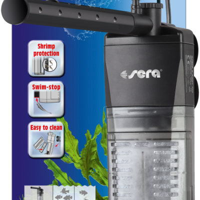 Filtro para aquário X-Edge 450 da marca Sera com embalagem colorida e texto em inglês