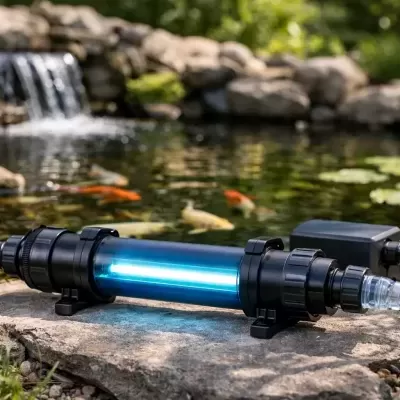 Dispositivo tubular com luz azul junto a lago com peixes e cascata
