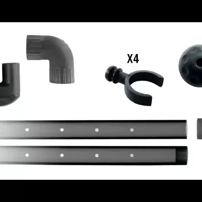 Conjunto de peças plásticas pretas para montagem, com barras, conectores e suportes