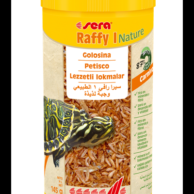 Embalagem amarela de petisco para tartarugas da marca sera Raffy I Nature com 145 g