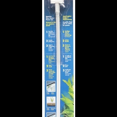 Ferramenta branca de limpeza para aquário embalada com instruções multilingues numa embalagem azul.