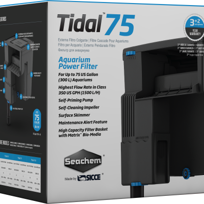 Embalagem do filtro de aquário Tidal 75 da Seachem com texto e imagem do produto preto e azul