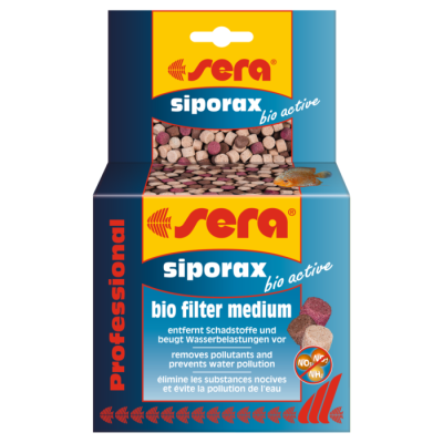 Embalagem de filtro biológico 'sera siporax bio active' azul com grânulos coloridos