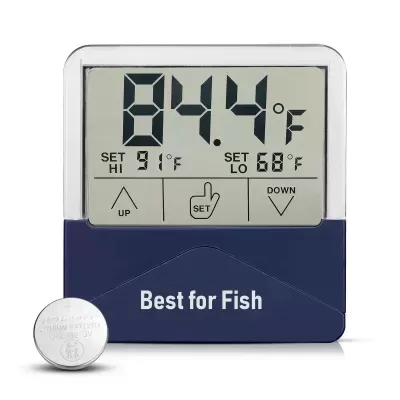 Termómetro digital azul e branco com visor LCD e bateria de lítio ao lado.