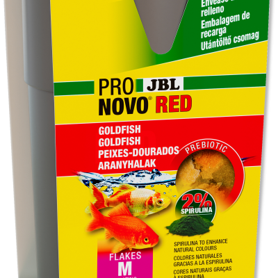 Embalagem amarela, verde e vermelha de alimento para peixes dourados JBL Pro Novo Red com imagens de peixes e texto multilingue.