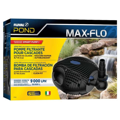 Bomba filtrante preta Fluval Pond Max-Flo com texto informativo e imagem de cascata