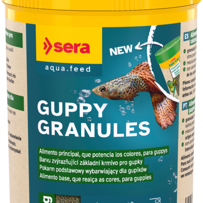 Frasco amarelo de comida para peixes Guppy Granules da marca Sera