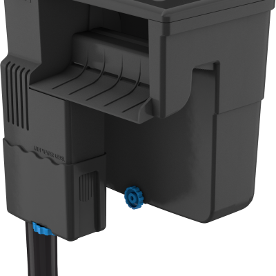 Filtro de aquário em plástico cinza escuro com detalhes azuis e inscrições na tampa e lateral