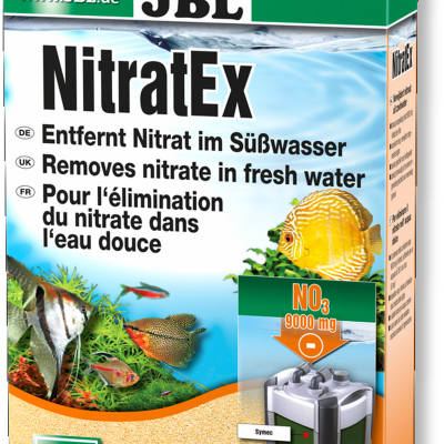 Embalaem de JBL NitratEx para aquários com peixes, texto multilíngue e indicação de remoção de nitrato 9000 mg