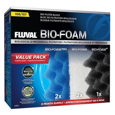 Embalagem de filtro Fluval BIO-FOAM com espuma azul e preta e texto colorido