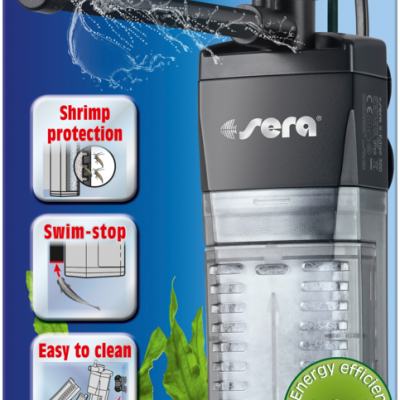 Embalagem do filtro de aquário Sera X-Edge 300 preto e transparente com texto e ilustrações