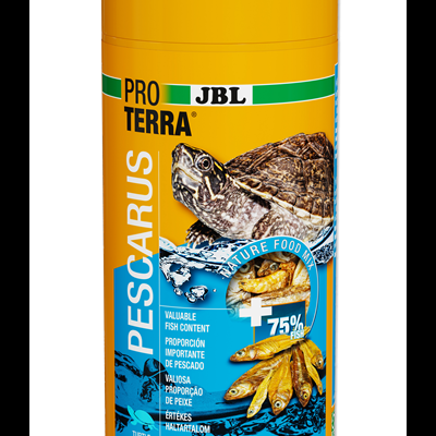 Frasco amarelo de alimento para tartarugas JBL PRO TERRA com imagem de tartaruga e peixes secos
