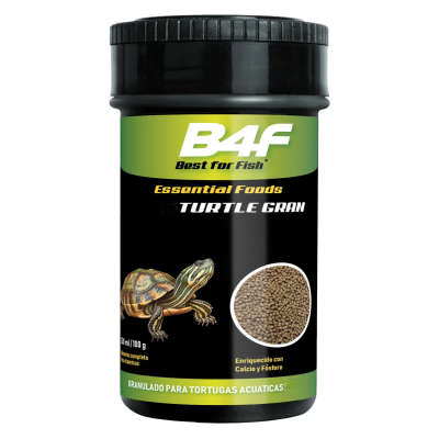 Recipiente de ração para tartarugas aquáticas com rótulo verde e preto